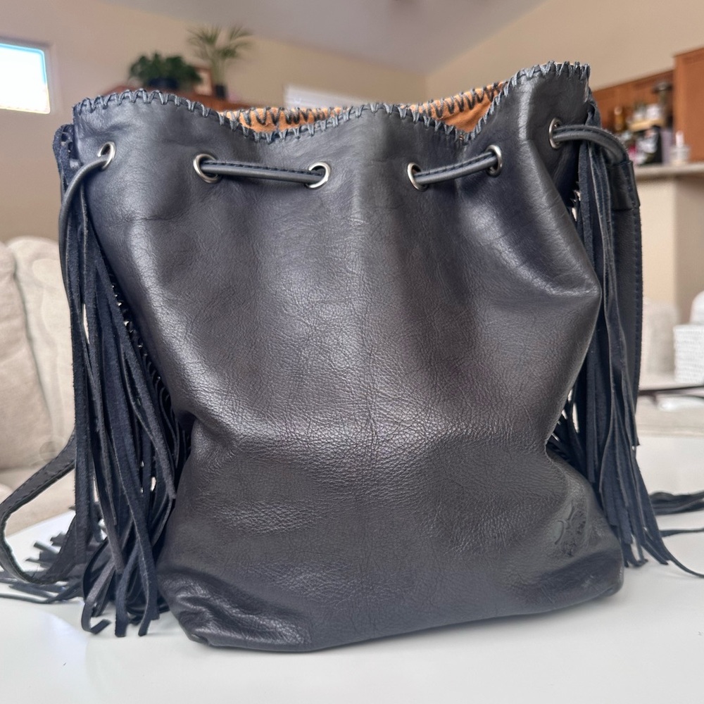 Patricia Nash Nicoletta Fringe Bucket Bag – Black Italian Leather - Picture 3 of 8